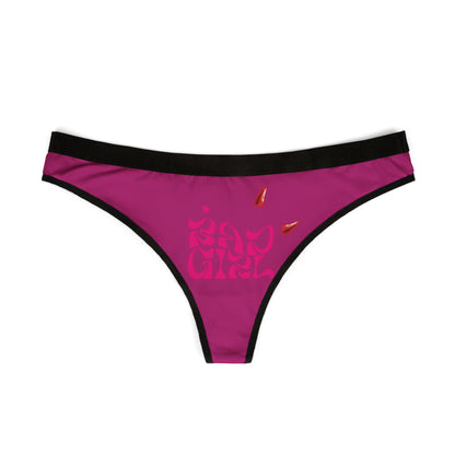 Front view of the 'Bad Girl' thong showcasing the striking hot pink fabric and playful devil horns, perfect for adding a daring touch to lingerie collections.