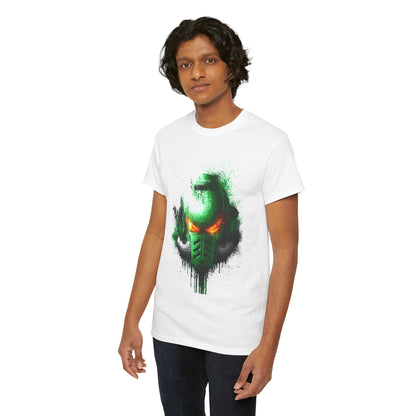 A fashionable figure poses in a sleek white tee adorned with a captivating green and black helmet design, embodying a contemporary style perfect for urban enthusiasts.