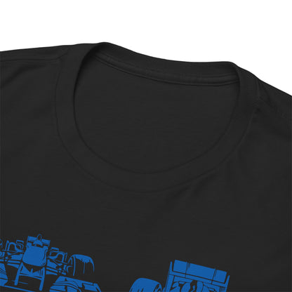 Close-up of the neckline of the Alpine F1 Team Men's T-Shirt showcasing a premium black fabric with bold blue graphic design.