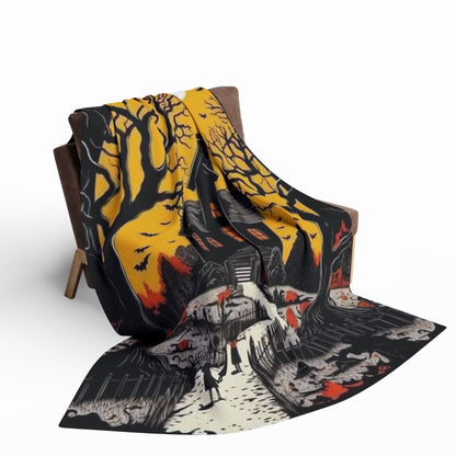 Luxurious and decorative Halloween-themed Arctic fleece blanket draped elegantly over a stylish chair, showcasing intricate spooky designs of a haunted house and eerie trees, perfect for adding warmth and seasonal charm to your home decor this Halloween.