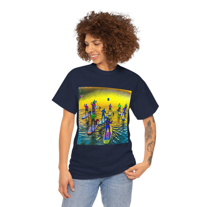 Elegant paddleboarding scene on a T-Shirt, designed for water sport lovers who appreciate adventure and tranquility, available from Dazzling Dreams Studio.