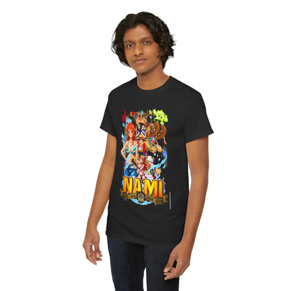 Elegant men's black t-shirt featuring a vibrant Nami graphic from One Piece, showcasing bold designs and exquisite anime artistry, worn by a stylish model.