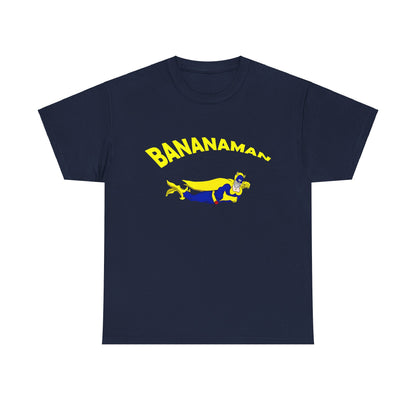 Elegant Limited Edition Bananaman Graphic Unisex T-Shirt in navy, displaying a charming hero design with vibrant typography, perfect for those who appreciate unique, stylish apparel.