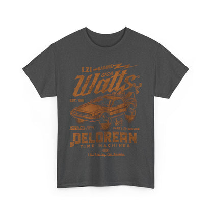 Front view of the Delorean Back to the Future Graphic T-Shirt, featuring a vintage-inspired design with the iconic Delorean, perfect for fans seeking a timeless and stylish statement.