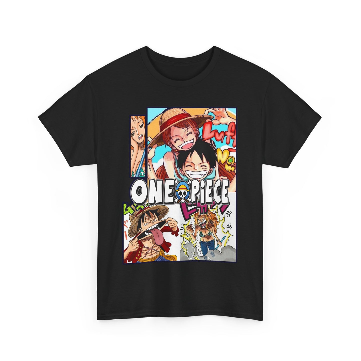 Refined black One Piece manga-themed men's t-shirt displaying an eye-catching collage of iconic characters, designed for the passionate anime lover.