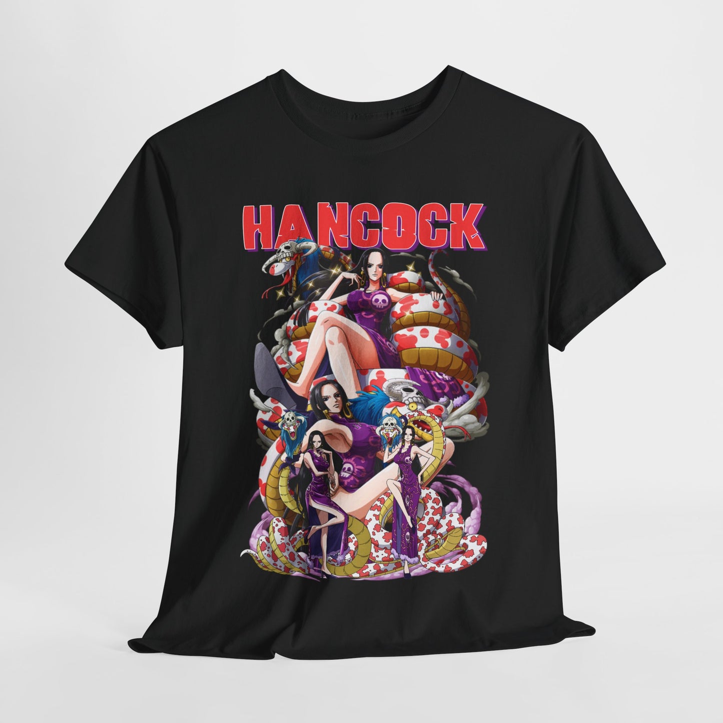 Luxurious men's t-shirt featuring a bold Hancock design with vibrant illustrations, printed on a classic black fabric, perfect for anime enthusiasts.