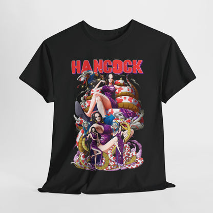 Luxurious men's t-shirt featuring a bold Hancock design with vibrant illustrations, printed on a classic black fabric, perfect for anime enthusiasts.