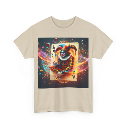 Front view of the beige Unisex Harlequin Playing Card Graphic Tee, featuring a distinctive harlequin design and premium quality fabric.