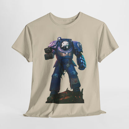 Luxurious unisex graphic T-shirt featuring a stylised design of a futuristic warrior in blue and black tones, perfect for urban streetwear enthusiasts.