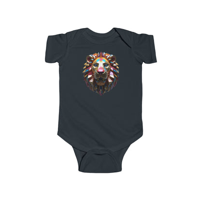 Cute Lion Bodysuit in navy, displaying a colourful geometric lion's head for luxurious infant fashion.