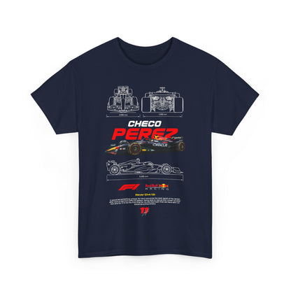 Luxurious Checo Pérez men’s t-shirt displaying a dynamic Formula 1 car graphic, exquisite red typography, and a motivational message, perfect for passionate racing fans.