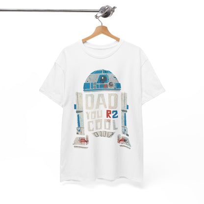 Star Wars R2D2 DAD Graphic T-Shirt showcased on a wooden hanger, featuring the phrase 'DAD YOU R2 COOL' in a vintage-inspired design, ideal for gifting on Father's Day or birthdays.
