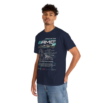 Model wearing the men's F1 Mercedes AMG Petronas t-shirt, exuding confidence with vibrant race car graphics, perfect for a casual yet luxurious look.