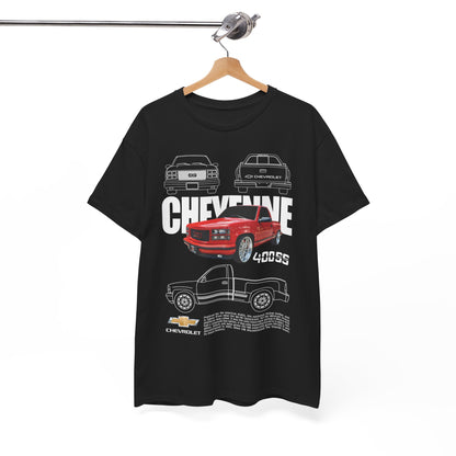 Elegant display of a Chevrolet Cheyenne T-Shirt on a hanger, featuring a vibrant graphic of the red 400SS truck alongside classic line drawings on premium black fabric.