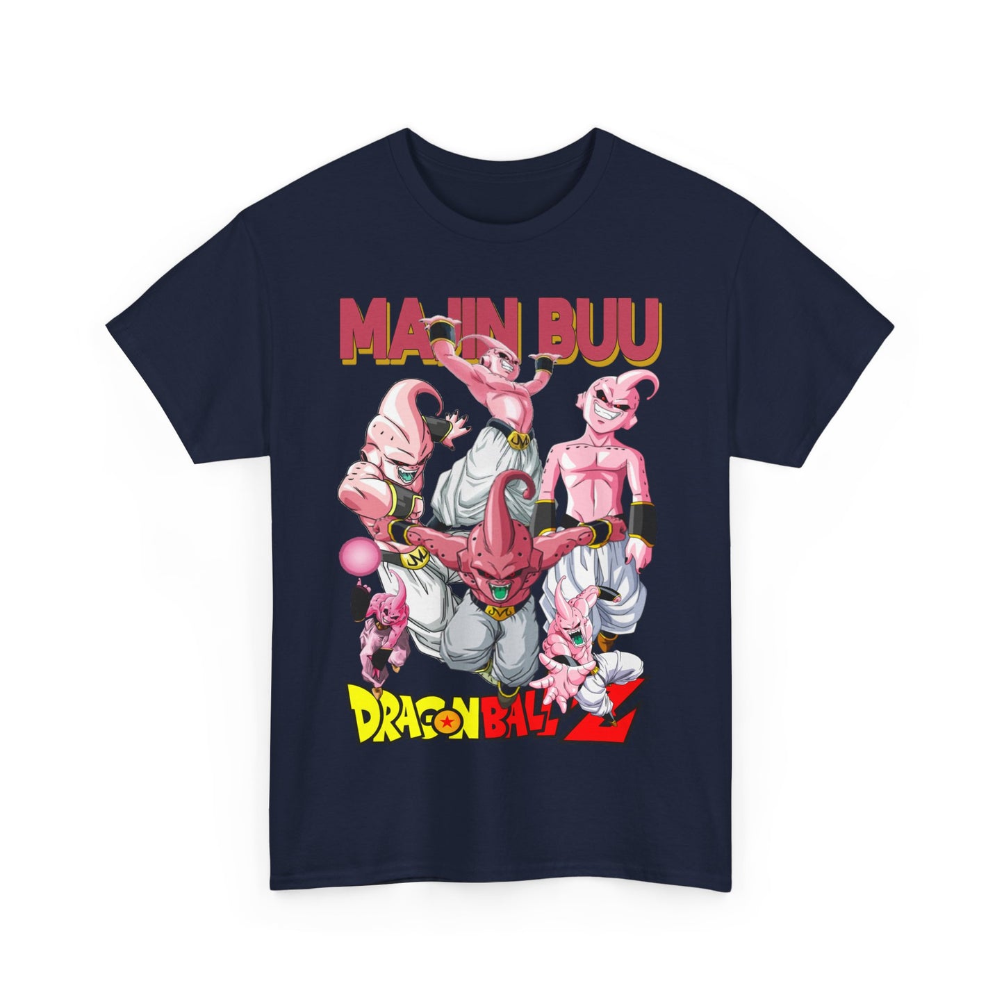 Front view of a high-quality Dragon Ball Z Majin Buu themed men's T-shirt, featuring vibrant graphics and intricate designs that capture the essence of anime culture.