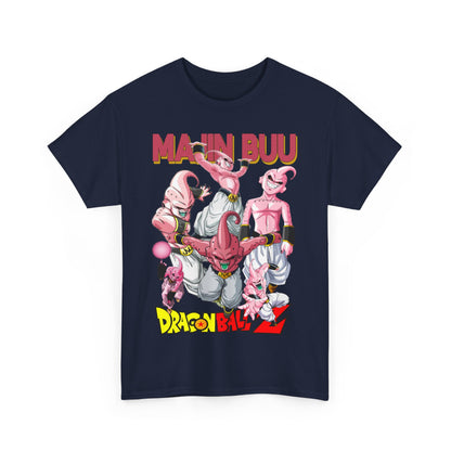 Front view of a high-quality Dragon Ball Z Majin Buu themed men's T-shirt, featuring vibrant graphics and intricate designs that capture the essence of anime culture.