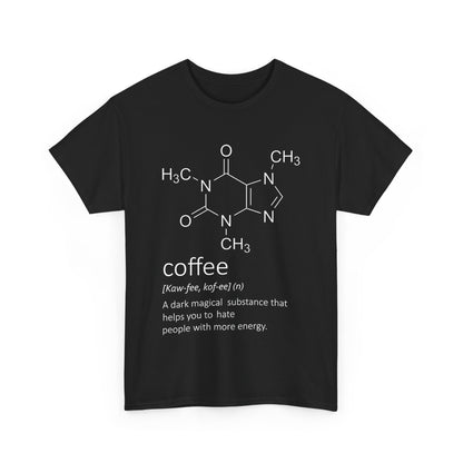 The front view of the Urban Coffee Graphic T-Shirt for Men & Women in black, featuring a bold coffee molecular graphic. An essential piece for luxury casual fashion.