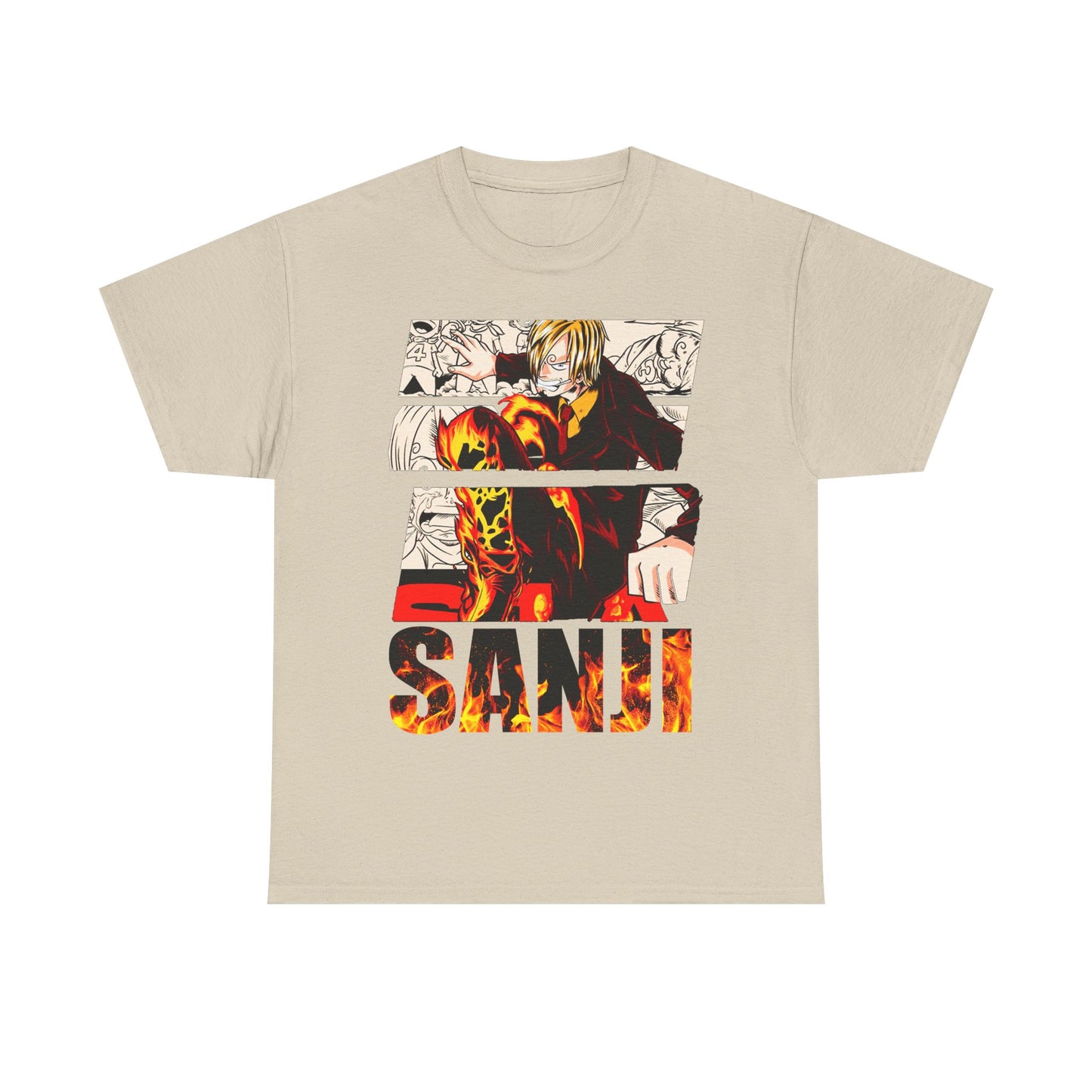 Premium beige graphic tee featuring a captivating illustration of Sanji from anime, with bold fiery colours and dynamic flames, perfect for manga enthusiasts.