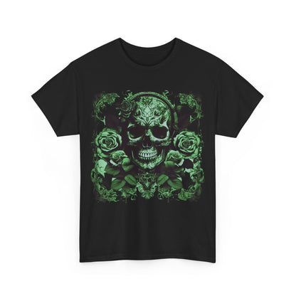 Skulls and Roses Cotton Tee featuring a striking steampunk-inspired graphic design in dark green, perfect for alternative fashion enthusiasts.