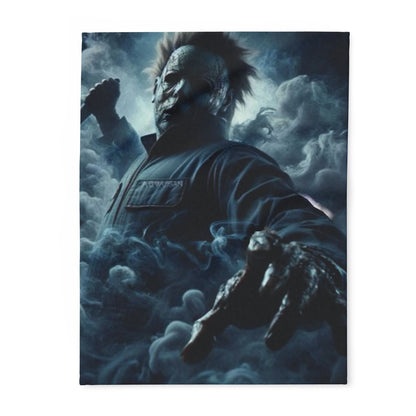 Halloween Spooky Jason Voorhees Arctic Fleece Blanket featuring a haunting figure amidst dark swirling clouds, perfect for adding a luxurious touch to your Halloween decor.