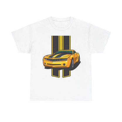 Luxury men's T-shirt featuring a striking neon yellow Camaro design with sleek black racing stripes, ideal for automotive enthusiasts seeking style and comfort.