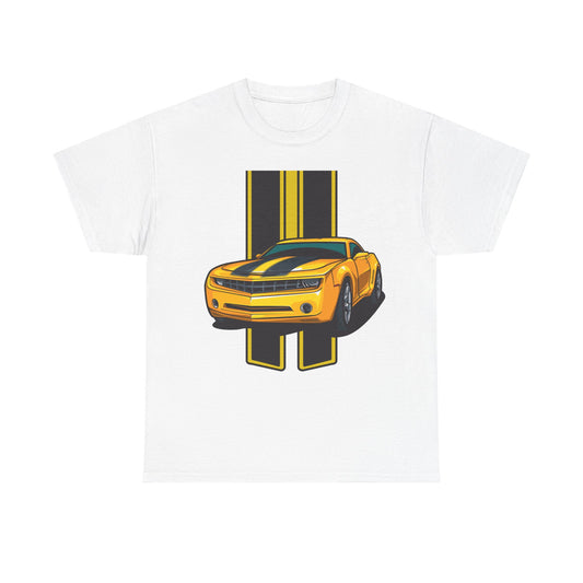 Luxury men's T-shirt featuring a striking neon yellow Camaro design with sleek black racing stripes, ideal for automotive enthusiasts seeking style and comfort.