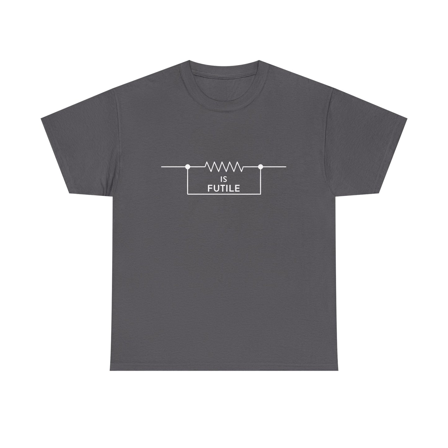 Luxurious dark grey unisex t-shirt featuring a sophisticated graphic design with a resistor symbol and the words 'IS FUTILE' in elegant white lettering, inspired by the Borg from Star Trek.