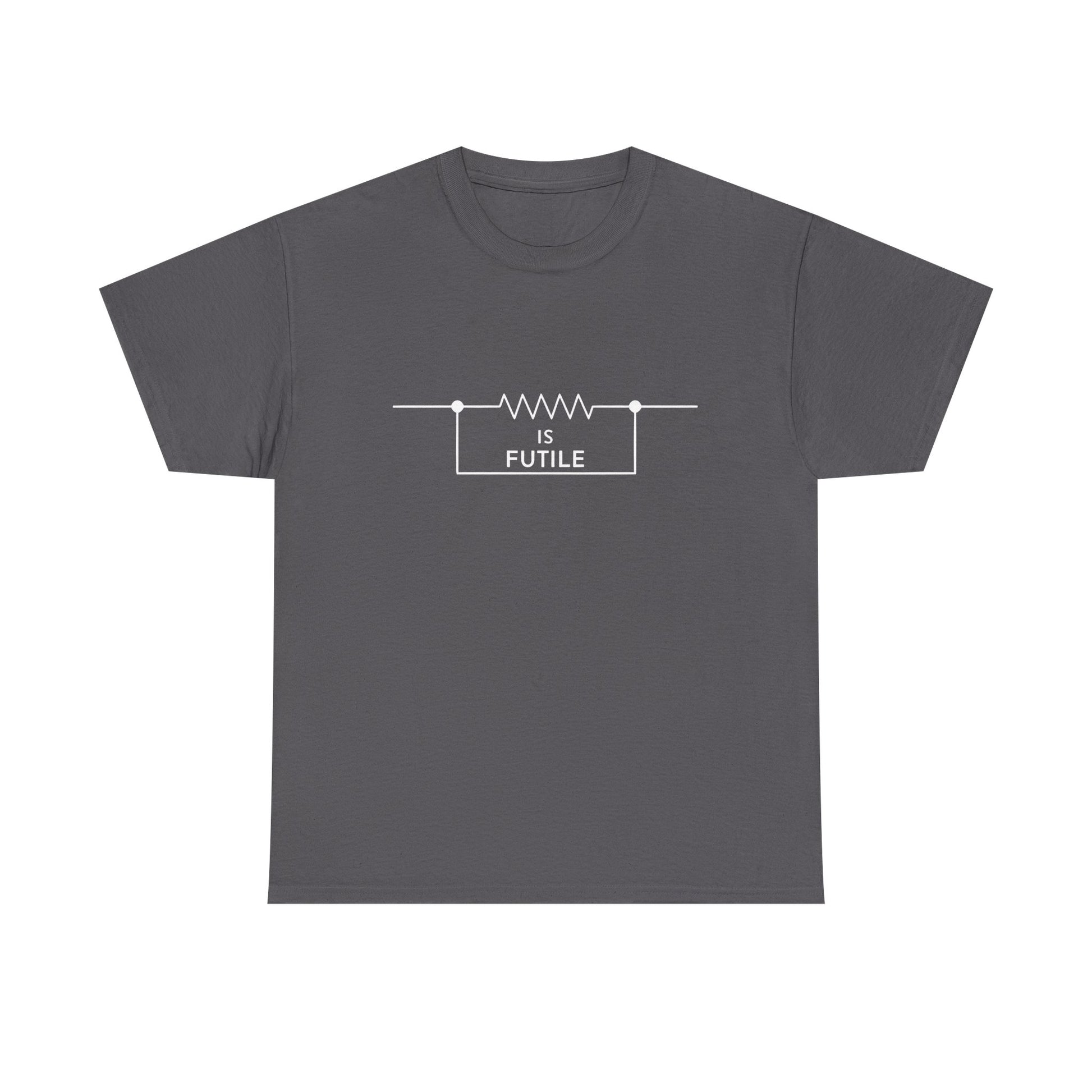 Luxurious dark grey unisex t-shirt featuring a sophisticated graphic design with a resistor symbol and the words 'IS FUTILE' in elegant white lettering, inspired by the Borg from Star Trek.
