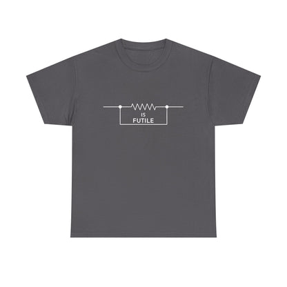 Luxurious dark grey unisex t-shirt featuring a sophisticated graphic design with a resistor symbol and the words 'IS FUTILE' in elegant white lettering, inspired by the Borg from Star Trek.