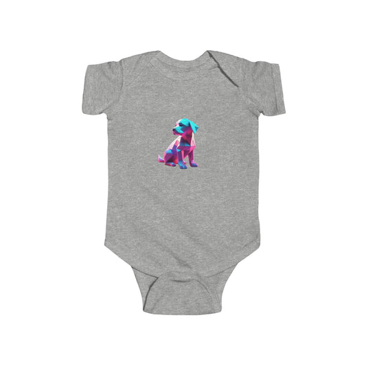Luxury Puppy Bodysuit in grey, featuring an adorable geometric puppy graphic, perfect for infants.