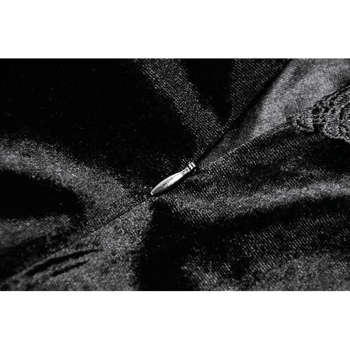 Model showcasing the Dark in Love Nocturne Ruffled Velvet Lace Goth Dress, emphasizing the wide lace-trimmed shoulder straps and elegant silhouette.