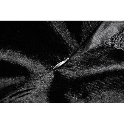 Model showcasing the Dark in Love Nocturne Ruffled Velvet Lace Goth Dress, emphasizing the wide lace-trimmed shoulder straps and elegant silhouette.