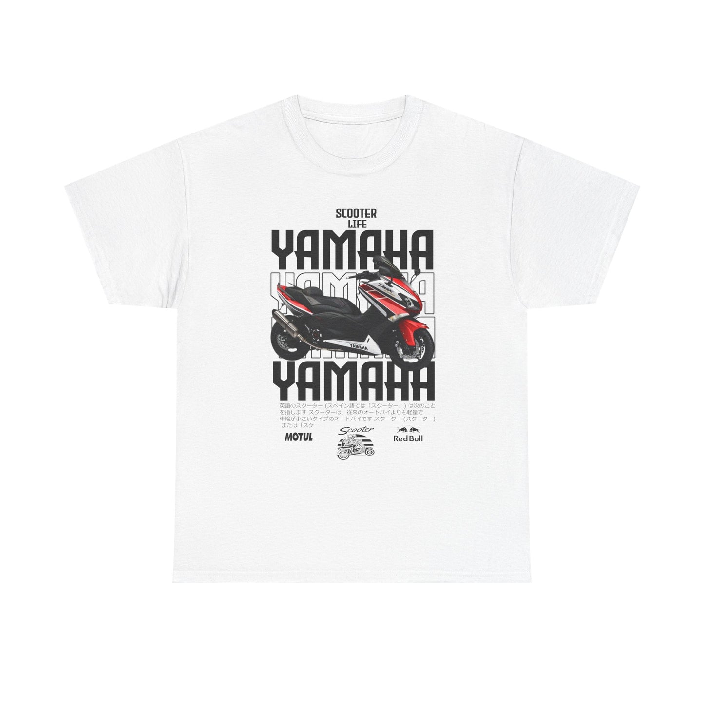 Luxury YAMAHA Scooter Life Men's T-Shirt in white featuring bold graphics and vibrant scooter design, perfect for motorcycle enthusiasts.