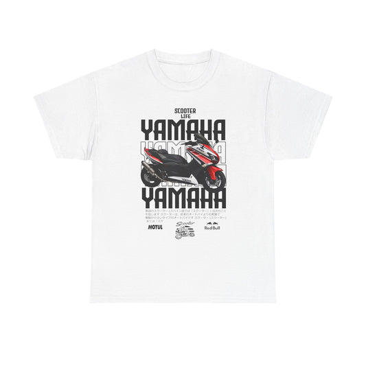 Luxury YAMAHA Scooter Life Men's T-Shirt in white featuring bold graphics and vibrant scooter design, perfect for motorcycle enthusiasts.