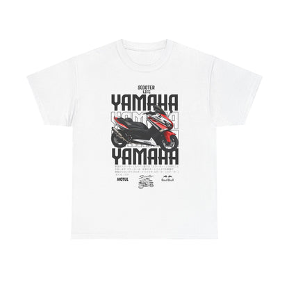 Stylish YAMAHA Scooter Life Men's T-Shirt in white, featuring bold graphics of a scooter and multi-language text, perfect for motorsport enthusiasts.