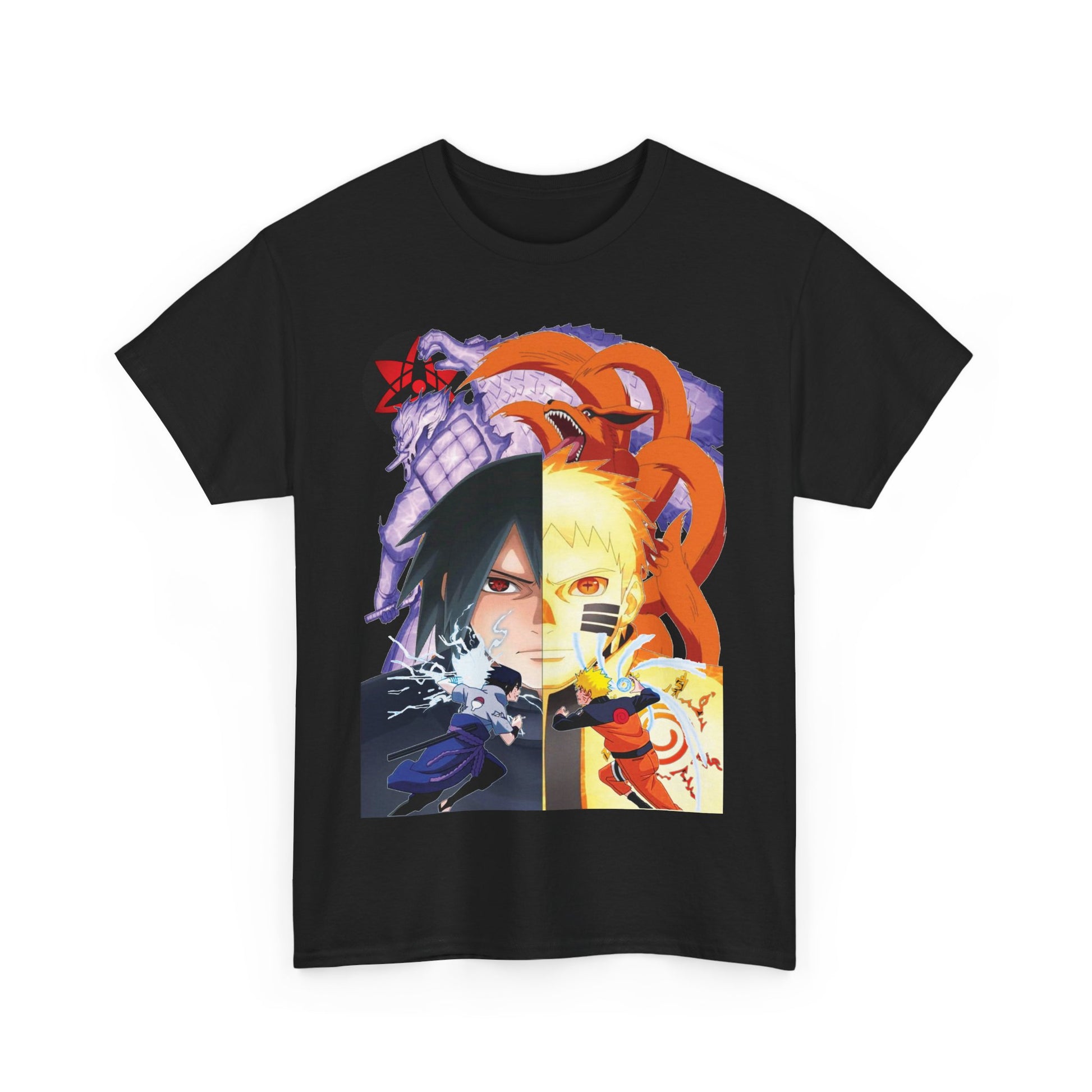 Stylish black anime T-shirt illustrating a split-screen battle between Sasuke and Naruto, capturing their contrasting energies and iconic designs.