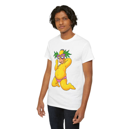 Homer Simpson Unisex Cotton Tee - Graphic T-Shirt modelled by a young man, highlighting the playful caricature of Homer Simpson, perfect for enthusiasts of upscale, humorous fashion.