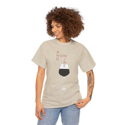 A model wearing the Funny Wine Lover Women's T-Shirt with the 'And Now Wine' graphic design, featuring a sophisticated wine glass illustration, perfect for wine enthusiasts.