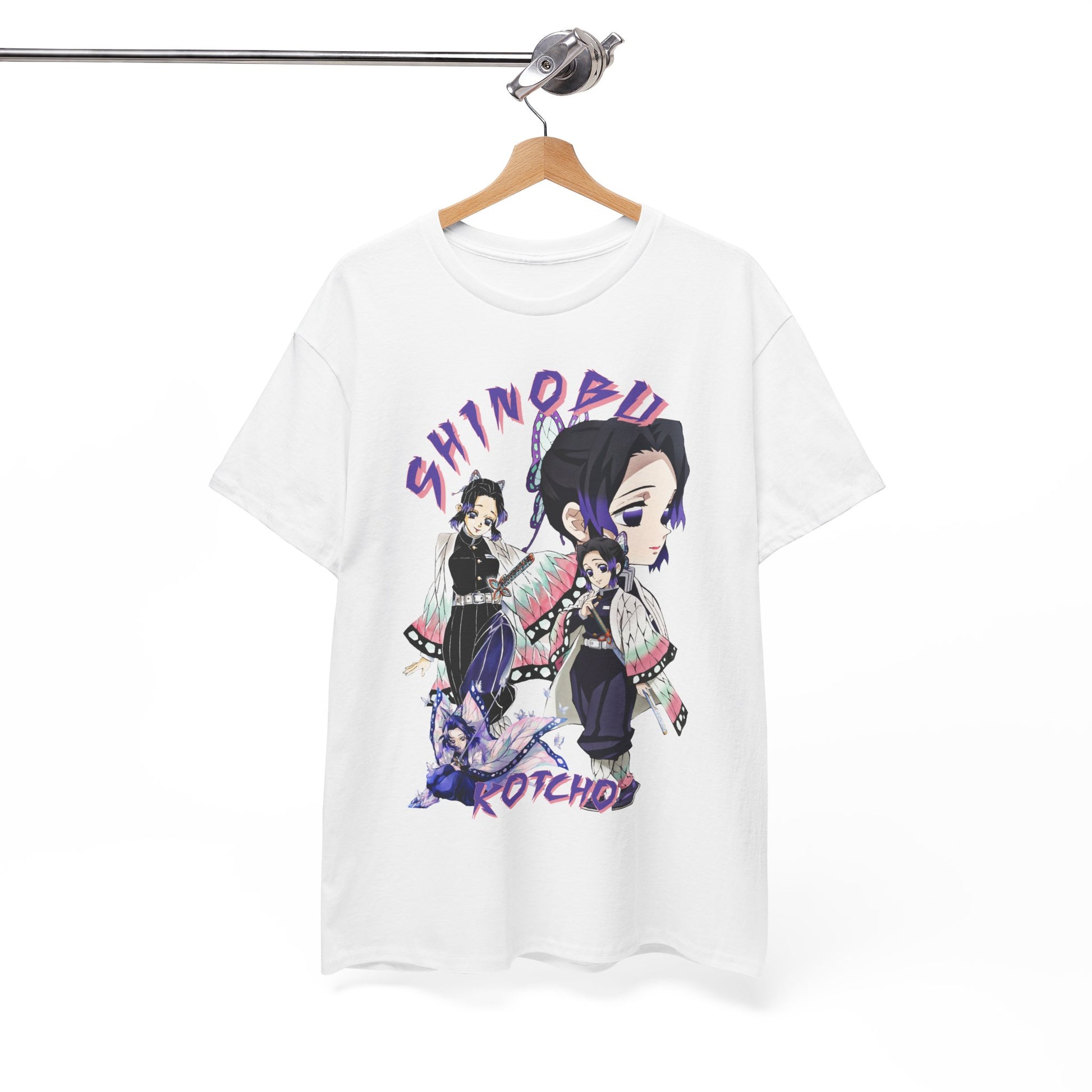 Stylishly hung white T-shirt with a captivating graphic of Shinobu Kocho from Demon Slayer, a perfect blend of fashion and fandom for any wardrobe.