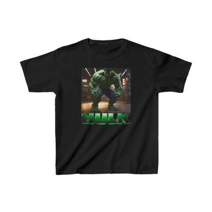 Kids Heavy Duty Incredible Hulk T-Shirt in black with bold Hulk graphic. Perfect for little superheroes in training.