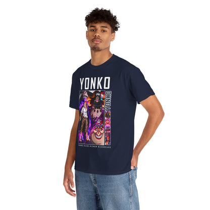 A stylish young man wearing the navy blue YONKO t-shirt, featuring iconic anime graphics, embodying a perfect blend of comfort and vibrant style for discerning fans.