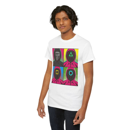 Young man in the Squid Game Pop Art Unisex Men´s Women´s Graphic Cotton Funny T Shirt Tee, showcasing a vibrant pop art representation of masked figures.