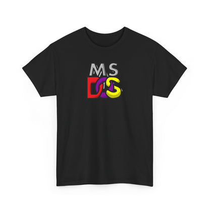 Unisex MS DOS Logo Graphic Tee showcasing a vintage computer aesthetic with vibrant logo design, crafted from 100% cotton for year-round comfort.