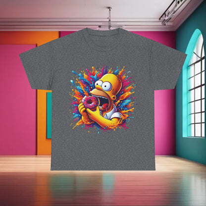 Simpsons Homer Donut Graphic T-Shirt in grey featuring a vibrant graphic of Homer Simpson joyfully holding a colourful donut, perfect for urban fashion lovers.