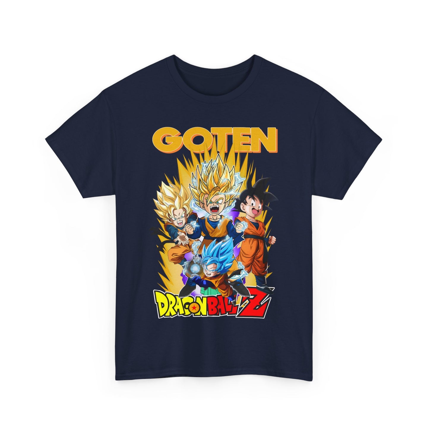 Elegant navy Dragon Ball Z T-shirt highlighting Goten and friends with a bold graphic statement, perfect for collectors.