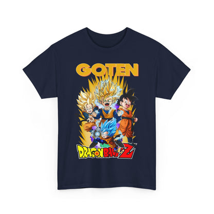 Elegant navy Dragon Ball Z T-shirt highlighting Goten and friends with a bold graphic statement, perfect for collectors.