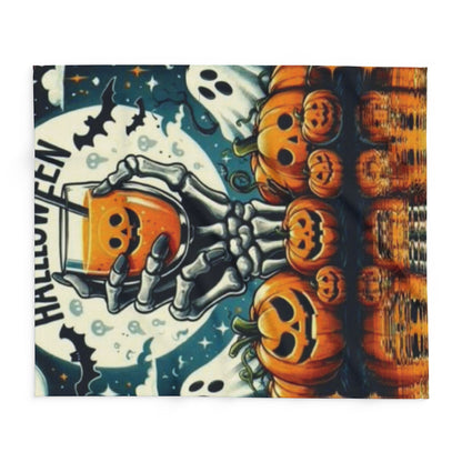 Chic Decorative and Warm Halloween Spooky Arctic Fleece Blanket with vivid design of a skeleton, pumpkins, and ghosts, an exquisite addition for Halloween celebrations.