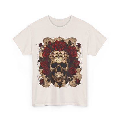 Front view of the Skulls and Roses Cotton Tee adorned with striking skull and rose artwork, perfect for making a bold statement.