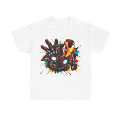 Unleash Your Inner Hero: Iron Man Graphic Unisex Tee Shirt in white, showcasing Iron Man's iconic suit against a striking splash of colours.