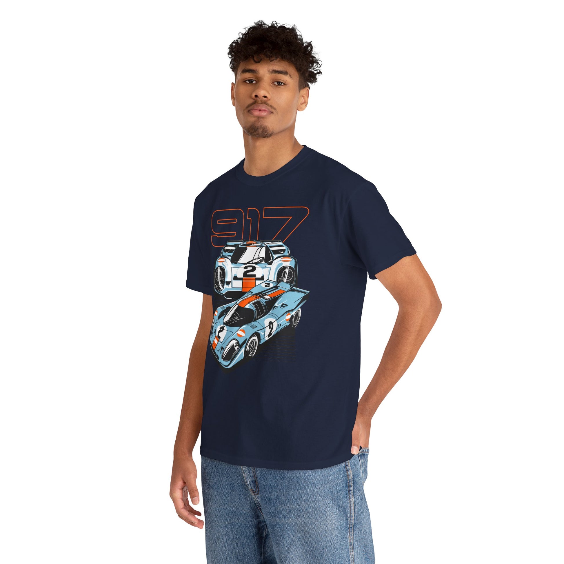 Model wearing the Porsche 917 graphic t-shirt, exuding confidence with a stylish representation of classic motorsport history, featuring vivid car artwork.